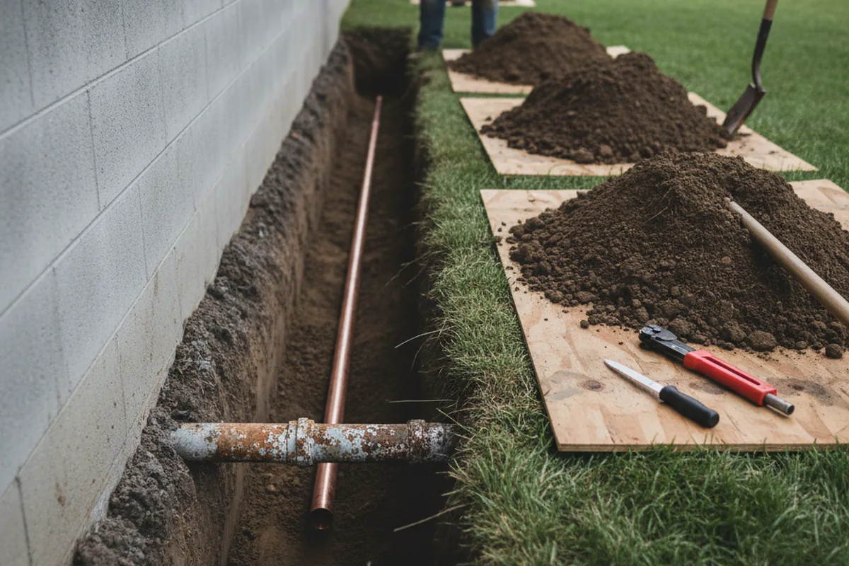 Excavated water line trench during Water Softener Installation in Sweet Home